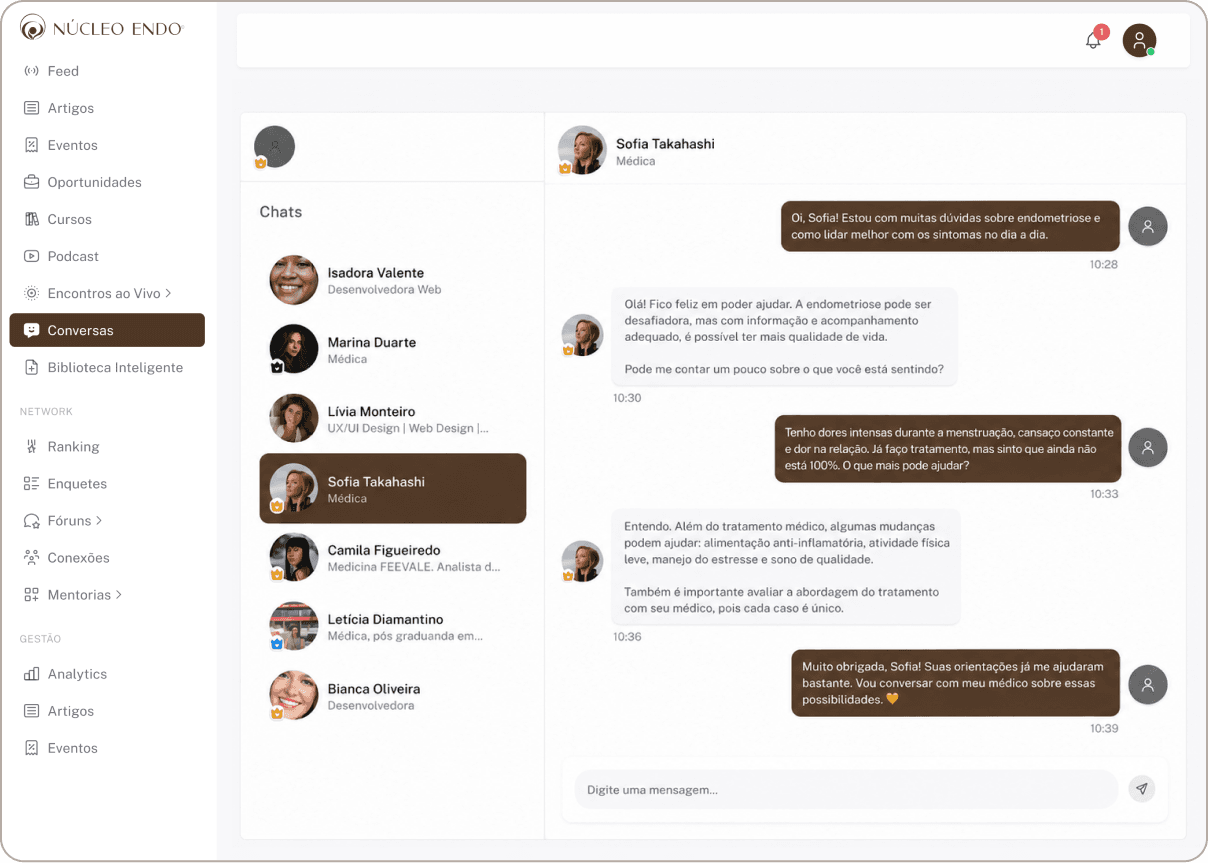 Tela de Networking na plataforma Núcleo Endo